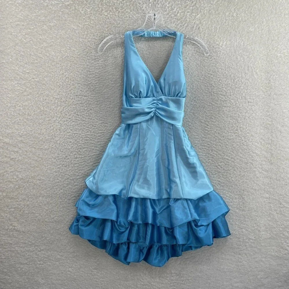 Y2K 2000s Baby Blue Satin Layer Open Back Halter Cinderella Fairy Mini Dress 4 S - Picture 1 of 8